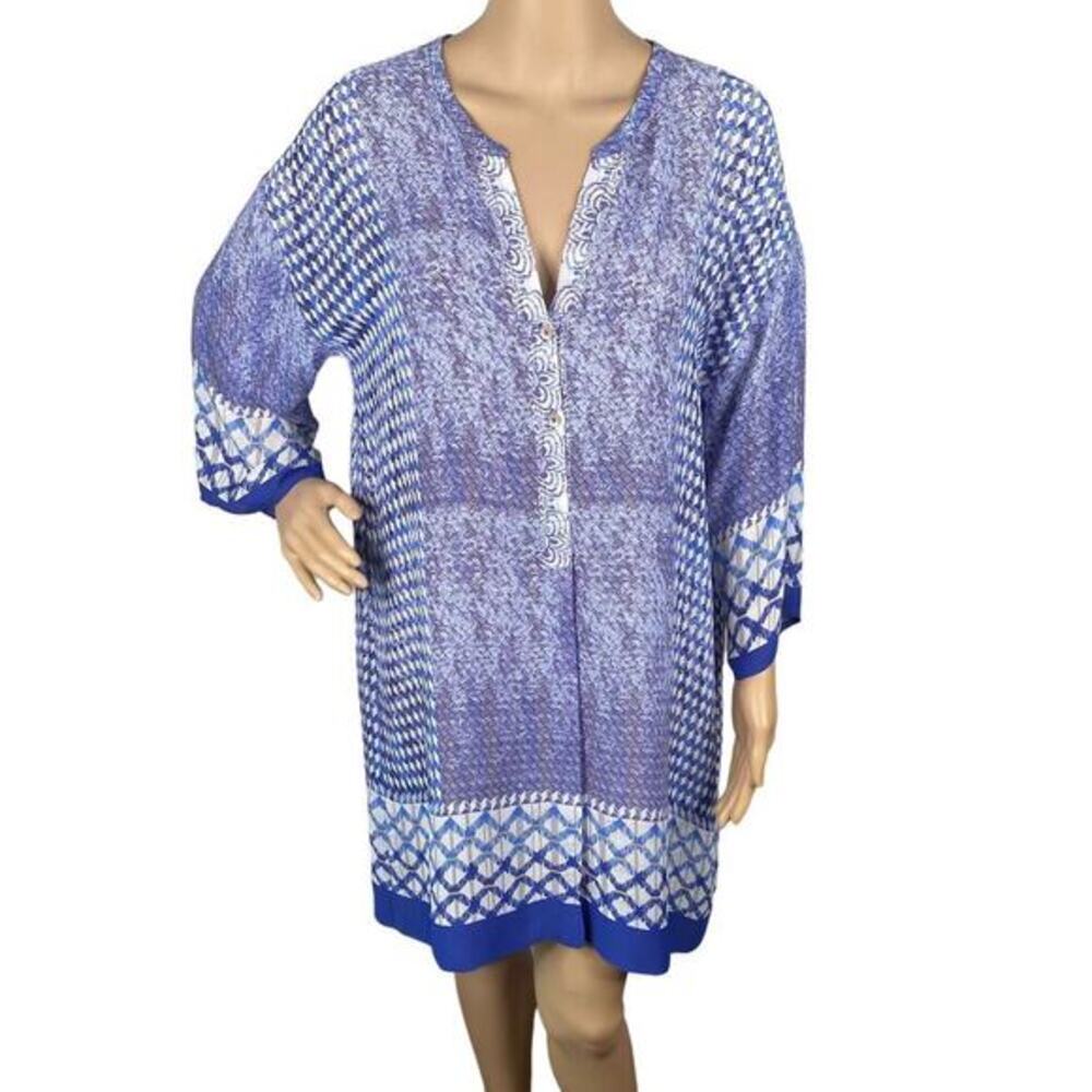 NIC+ZOE Blue White Mixed Print Henley Shift Dress XS/S Geometric Boho Tunic